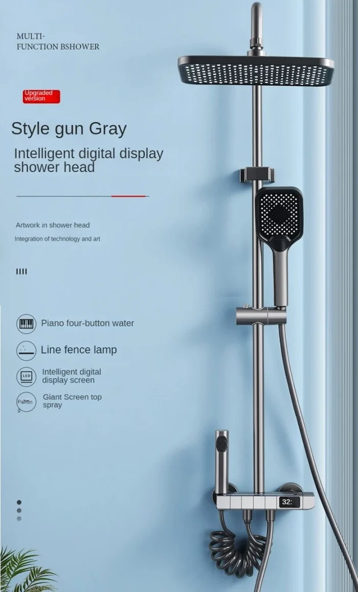 Piyano Duş Seti Dijital Led Göstergeli ve Led ışıklı Metal Gövde Pirinç İç Takımlı Banyo Duş Seti - Görsel 4