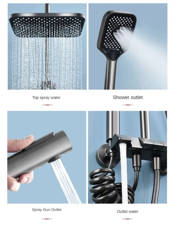 Piyano Duş Seti Dijital Led Göstergeli ve Led ışıklı Metal Gövde Pirinç İç Takımlı Banyo Duş Seti - Görsel 3
