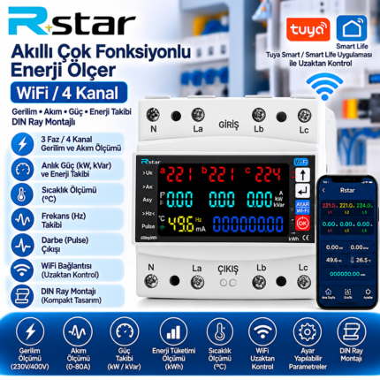 Rstar WiFi 3 fazlı trifaze kaçak akım ve gerilim koruma rölesi dijital ekranlı ön görünüm