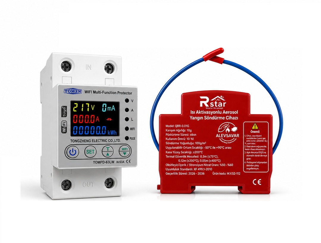 TOMZN WiFi Akıllı Kaçak Akım Koruma Rölesi + Rstar Otomatik Aerosol Yangın Söndürme Cihazı Elektrik Panosu Koruma Seti
